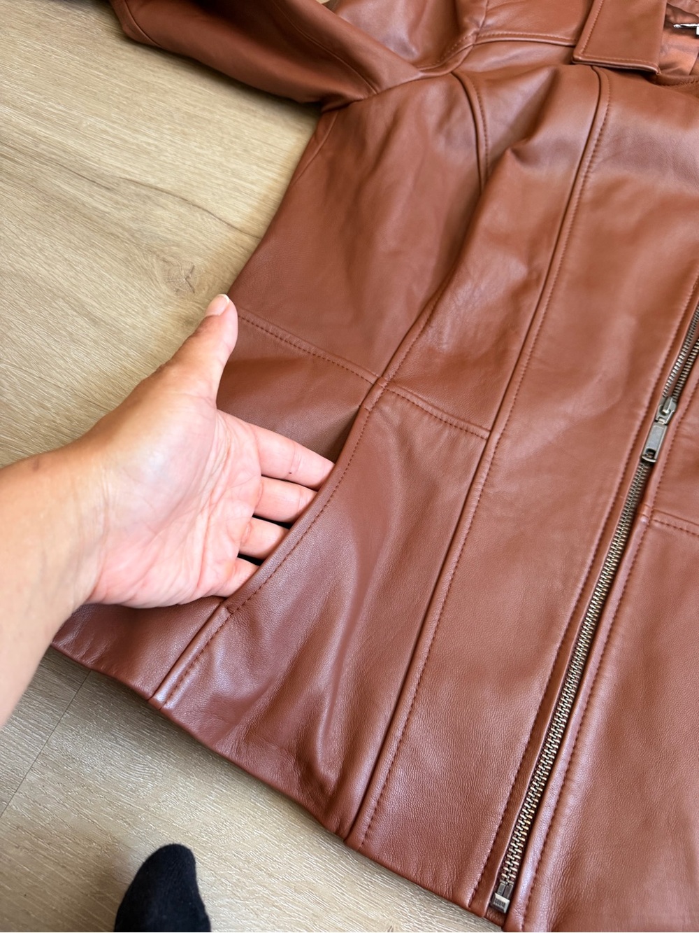 Denim & Company Leather Cognac Brown Tan Moto Jacket SZ S - Picture 6 of 11